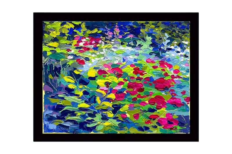 Innrammet lerretsbilde i tre - 41x56 cm - Fargerik blomstereng med roser og grønne blader, Grønn / Rød / Blå