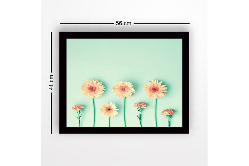 Innrammet lerretsbilde i tre - 41x56 cm - Fargerik blomsterrekke med gerbera og nellik - Lys oransje / Grønn / Mintgrønn - Interiør - Maleri & posters - Lerretsbilder