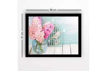 Innrammet lerretsbilde i tre - 41x56 cm - Fargerik bukett med hyasinter i en glassvase - Lys rosa / Lys blå / Mintgrønn - Interiør - Maleri & posters - Lerretsbilder