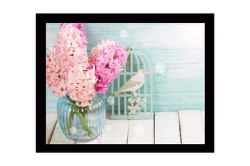 Innrammet lerretsbilde i tre - 41x56 cm - Fargerik bukett med hyasinter i en glassvase - Lys rosa / Lys blå / Mintgrønn - Interiør - Maleri & posters - Lerretsbilder