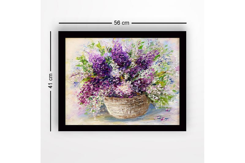 Innrammet lerretsbilde i tre - 41x56 cm - Fargerik bukett med liljer i en kurv - Lilla / Grønn / Hvit - Interiør - Maleri & posters - Lerretsbilder