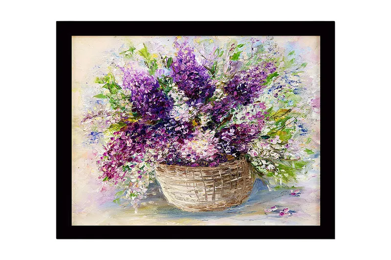 Innrammet lerretsbilde i tre - 41x56 cm - Fargerik bukett med liljer i en kurv, Lilla / Grønn / Hvit