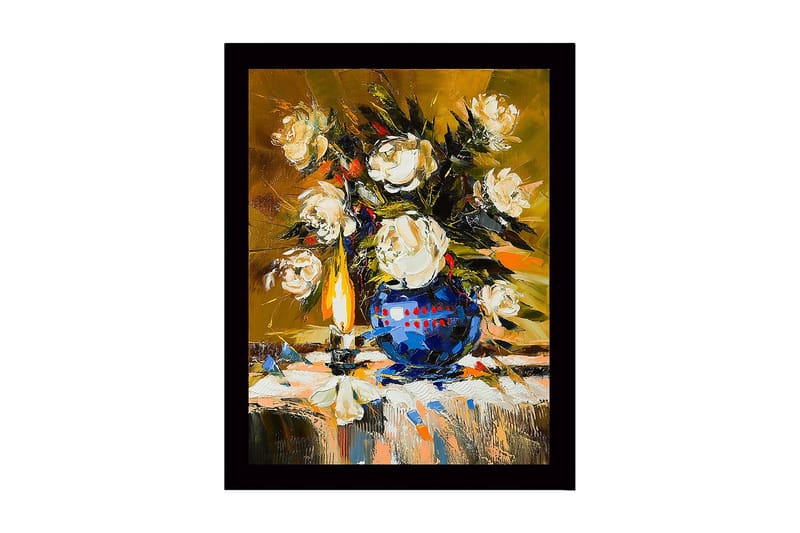 Innrammet lerretsbilde i tre - 41x56 cm - Fargerik bukett med roser i en blå vase, Hvit / Blå / Grønn