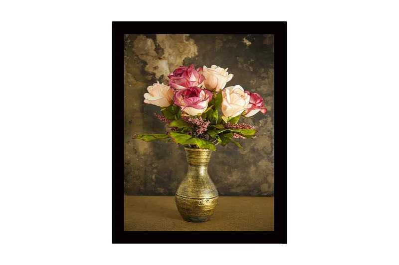 Innrammet lerretsbilde i tre - 41x56 cm - Fargerik bukett med roser i en vakker vase, Rosa / Grønn / Gull