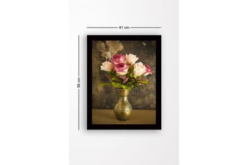 Innrammet lerretsbilde i tre - 41x56 cm - Fargerik bukett med roser i en vakker vase - Rosa / Grønn / Gull - Interiør - Maleri & posters - Lerretsbilder