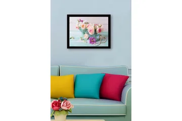 Innrammet lerretsbilde i tre - 41x56 cm - Fargerik bukett med roser og blomster i elegante vaser - Rosa / Hvit / Lilla - Interiør - Maleri & posters - Lerretsbilder