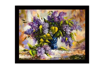 Innrammet lerretsbilde i tre - 41x56 cm - Fargerik bukett med syrinblomster i en blå vase - Lilla / Grønn / Blå - Interiør - Maleri & posters - Lerretsbilder