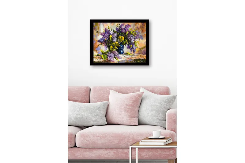 Innrammet lerretsbilde i tre - 41x56 cm - Fargerik bukett med syrinblomster i en blå vase - Lilla / Grønn / Blå - Interiør - Maleri & posters - Lerretsbilder