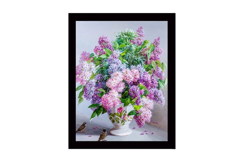 Innrammet lerretsbilde i tre - 41x56 cm - Fargerik bukett med syrinblomster i en vakker vase, Lilla / Grønn / Hvit