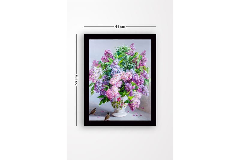 Innrammet lerretsbilde i tre - 41x56 cm - Fargerik bukett med syrinblomster i en vakker vase - Lilla / Grønn / Hvit - Interiør - Maleri & posters - Lerretsbilder