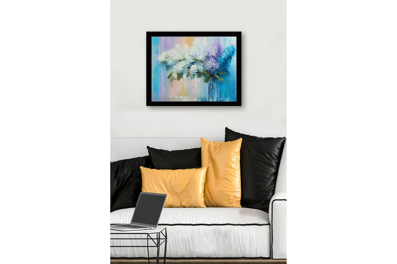 Innrammet lerretsbilde i tre - 41x56 cm - Fargerik bukett med syriner i en glassvase - Hvit / Lilla / Turkis - Interiør - Maleri & posters - Lerretsbilder