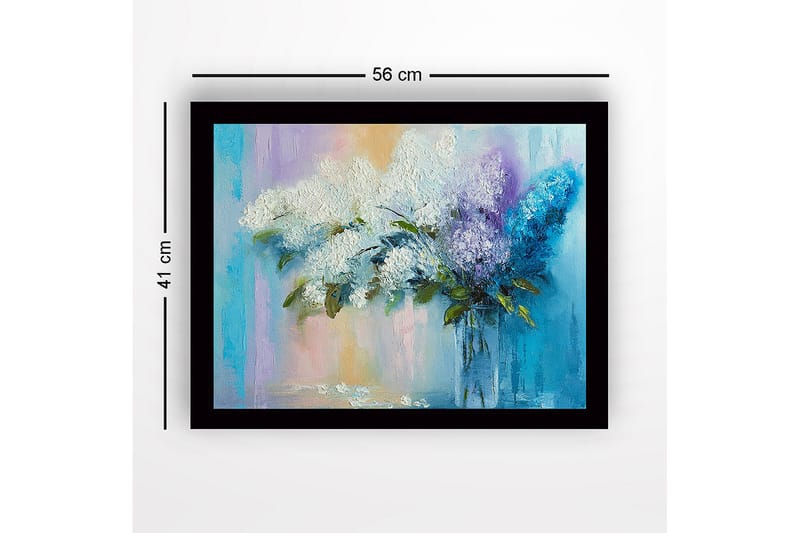 Innrammet lerretsbilde i tre - 41x56 cm - Fargerik bukett med syriner i en glassvase - Hvit / Lilla / Turkis - Interiør - Maleri & posters - Lerretsbilder