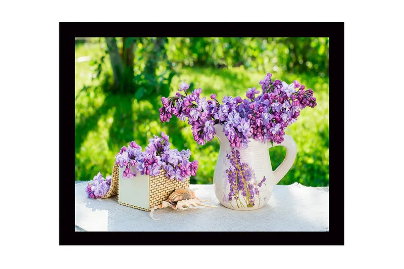 Innrammet lerretsbilde i tre - 41x56 cm - Fargerik bukett med syriner i en potte, Lilla / Grønn / Hvit