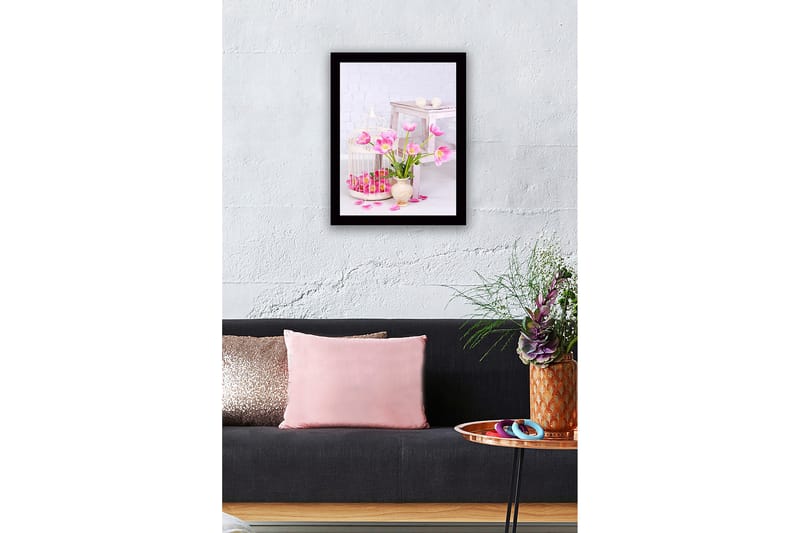 Innrammet lerretsbilde i tre - 41x56 cm - Fargerik bukett med tulipaner i en vase - Rosa / Grønn / Beige - Interiør - Maleri & posters - Lerretsbilder