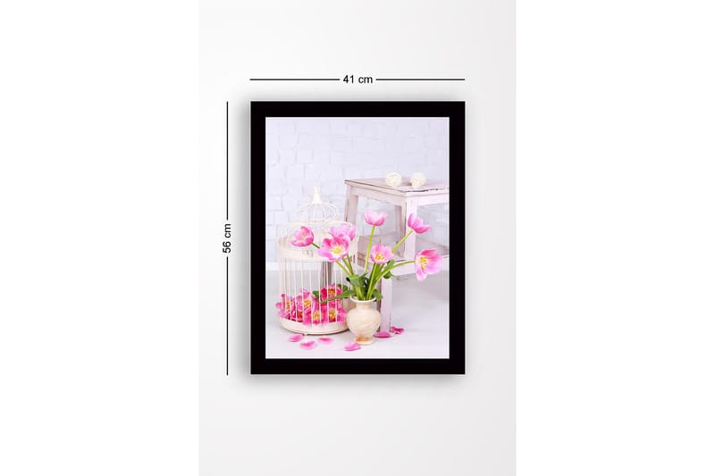 Innrammet lerretsbilde i tre - 41x56 cm - Fargerik bukett med tulipaner i en vase - Rosa / Grønn / Beige - Interiør - Maleri & posters - Lerretsbilder