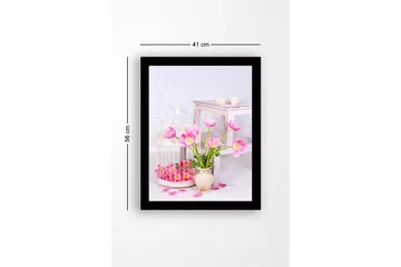 Innrammet lerretsbilde i tre - 41x56 cm - Fargerik bukett med tulipaner i en vase - Rosa / Grønn / Beige - Interiør - Maleri & posters - Lerretsbilder