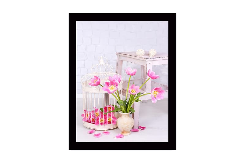 Innrammet lerretsbilde i tre - 41x56 cm - Fargerik bukett med tulipaner i en vase, Rosa / Grønn / Beige