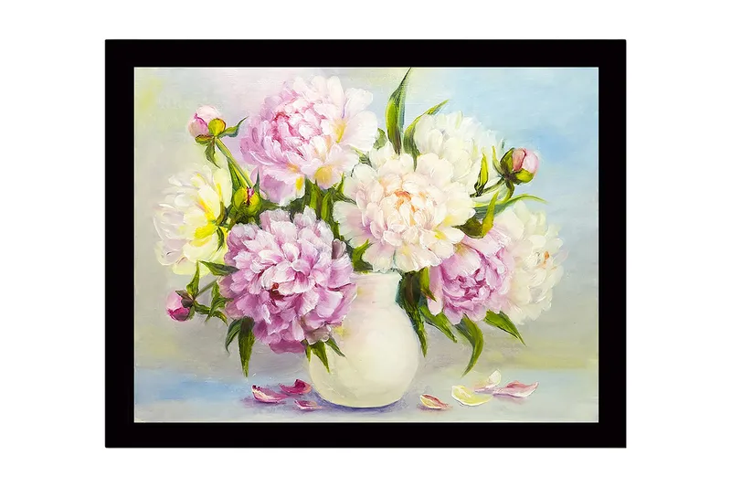 Innrammet lerretsbilde i tre - 41x56 cm - Fargerik bukett med peoner i en vase, Lys rosa / Hvit / Gul