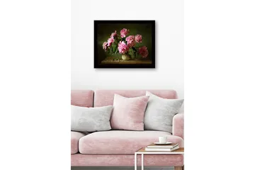 Innrammet lerretsbilde i tre - 41x56 cm - Fargerik bukett med peoner i en keramisk vase - Rosa / Grønn / Beige - Interiør - Maleri & posters - Lerretsbilder