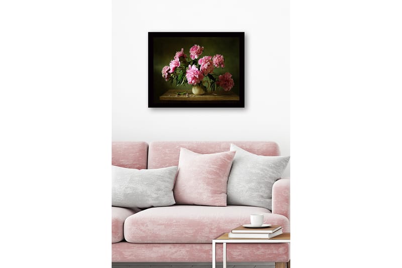 Innrammet lerretsbilde i tre - 41x56 cm - Fargerik bukett med peoner i en keramisk vase - Rosa / Grønn / Beige - Interiør - Maleri & posters - Lerretsbilder