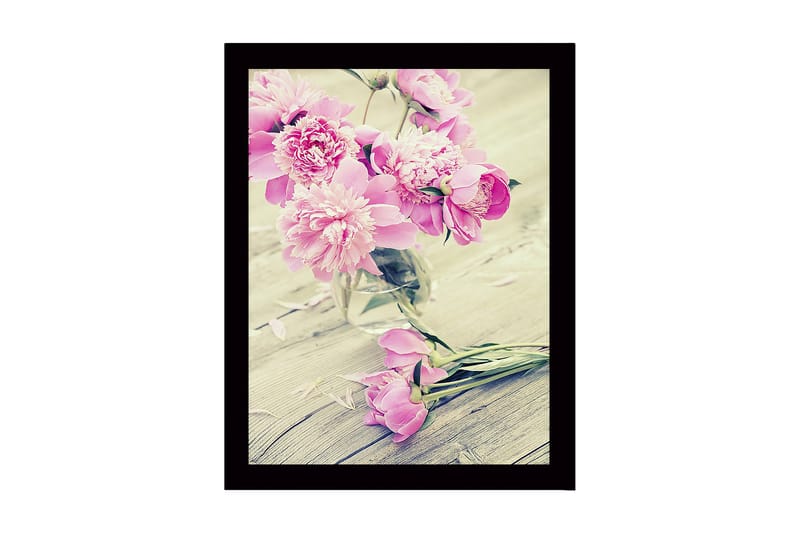 Innrammet lerretsbilde i tre - 41x56 cm - Fargerik bukett med peoner i en glassvase, Rosa / Grønn