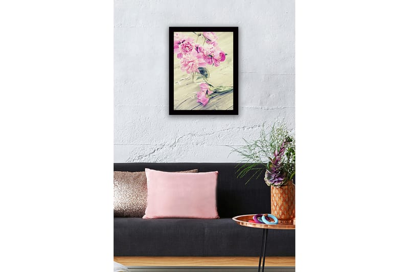 Innrammet lerretsbilde i tre - 41x56 cm - Fargerik bukett med peoner i en glassvase - Rosa / Grønn - Interiør - Maleri & posters - Lerretsbilder