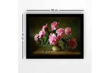 Innrammet lerretsbilde i tre - 41x56 cm - Fargerik bukett med peoner i en keramisk vase - Rosa / Grønn / Beige - Interiør - Maleri & posters - Lerretsbilder