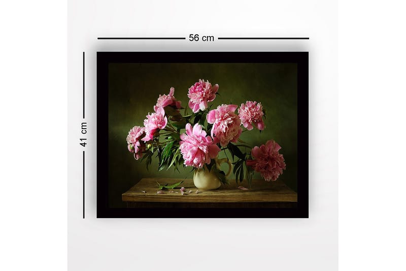 Innrammet lerretsbilde i tre - 41x56 cm - Fargerik bukett med peoner i en keramisk vase - Rosa / Grønn / Beige - Interiør - Maleri & posters - Lerretsbilder