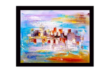 Innrammet lerretsbilde i tre - 41x56 cm - Fargerik bybilde med bro og bygninger i silhuett - Blå / Oransje / Lilla - Interiør - Maleri & posters - Lerretsbilder