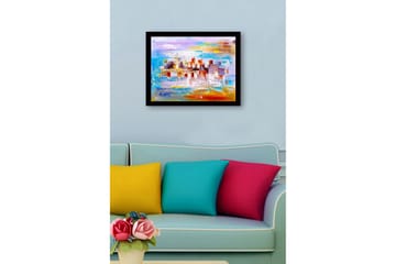 Innrammet lerretsbilde i tre - 41x56 cm - Fargerik bybilde med bro og bygninger i silhuett - Blå / Oransje / Lilla - Interiør - Maleri & posters - Lerretsbilder