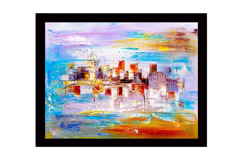 Innrammet lerretsbilde i tre - 41x56 cm - Fargerik bybilde med bro og bygninger i silhuett, Blå / Oransje / Lilla