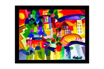 Innrammet lerretsbilde i tre - 41x56 cm - Fargerik bysilhuett med kupler og bygninger - Rød / Grønn / Blå - Interiør - Maleri & posters - Lerretsbilder