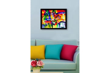 Innrammet lerretsbilde i tre - 41x56 cm - Fargerik bysilhuett med kupler og bygninger - Rød / Grønn / Blå - Interiør - Maleri & posters - Lerretsbilder