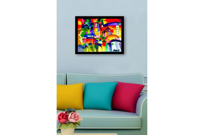 Innrammet lerretsbilde i tre - 41x56 cm - Fargerik bysilhuett med kupler og bygninger - Rød / Grønn / Blå - Interiør - Maleri & posters - Lerretsbilder