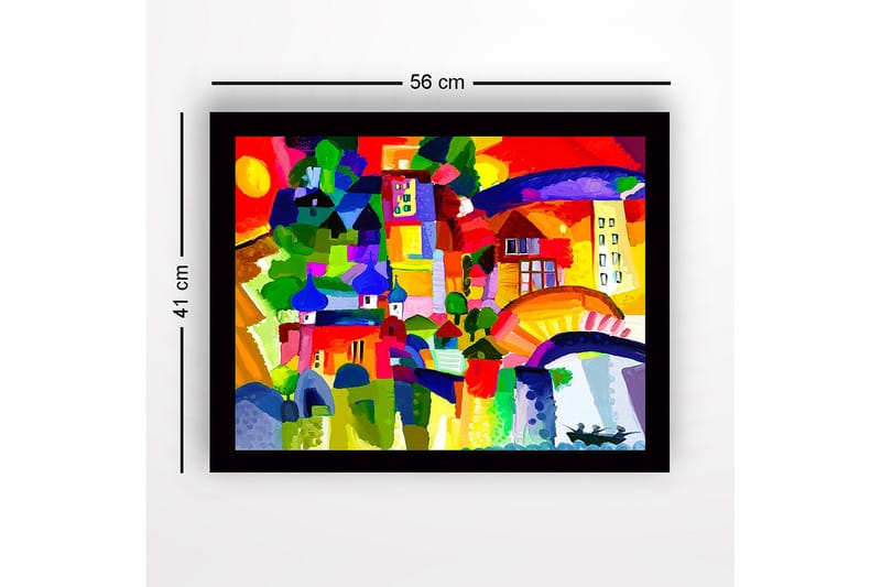 Innrammet lerretsbilde i tre - 41x56 cm - Fargerik bysilhuett med kupler og bygninger - Rød / Grønn / Blå - Interiør - Maleri & posters - Lerretsbilder