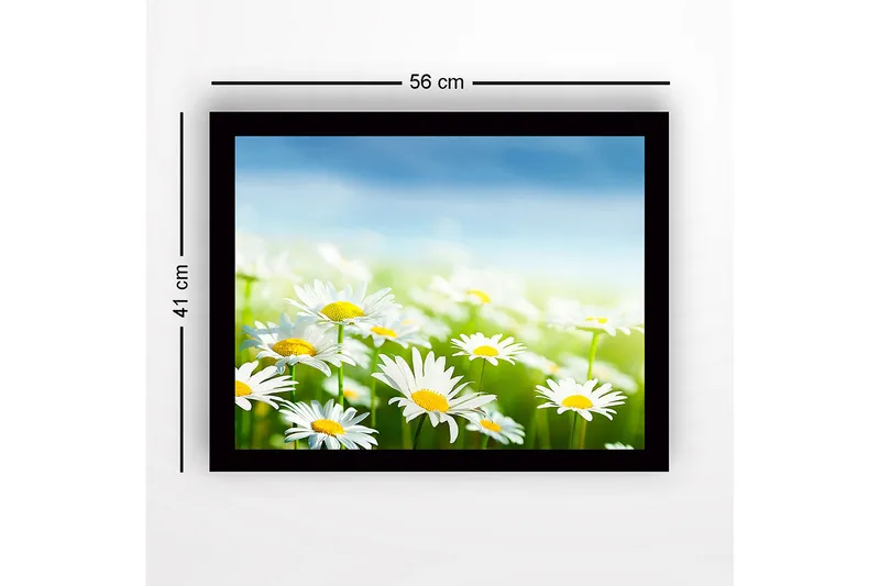 Innrammet lerretsbilde i tre - 41x56 cm - Fargerik eng med tusenfryd i blomst - Hvit / Gul / Grønn - Interiør - Maleri & posters - Lerretsbilder