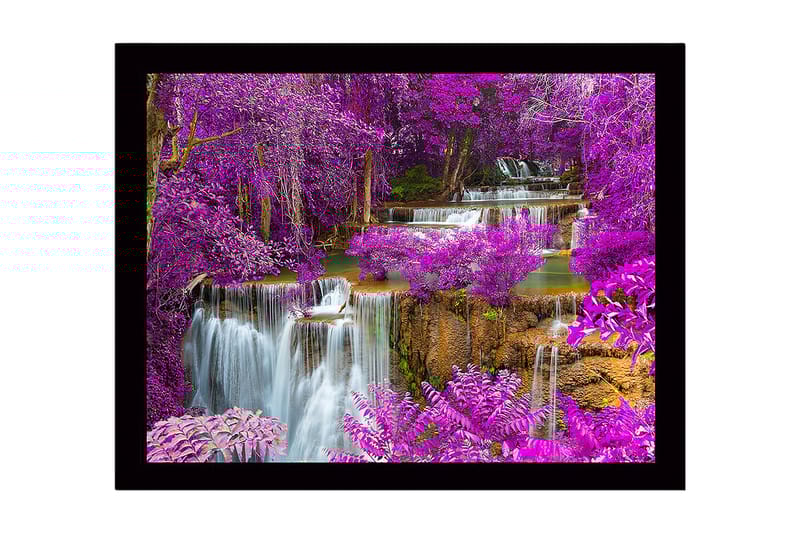 Innrammet lerretsbilde i tre - 41x56 cm - Fargerik foss omgitt av lilla blomster og grøntområder, Lilla / Grønn / Blå