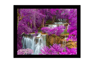 Innrammet lerretsbilde i tre - 41x56 cm - Fargerik foss omgitt av lilla blomster og grøntområder - Lilla / Grønn / Blå - Interiør - Maleri & posters - Lerretsbilder