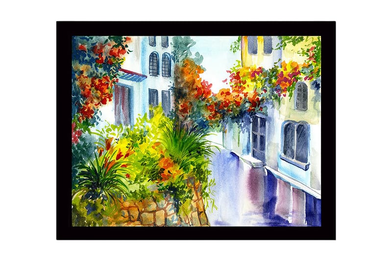 Innrammet lerretsbilde i tre - 41x56 cm - Fargerik gate med blomstrende planter og husfasader, Grønn / Rød / Gul