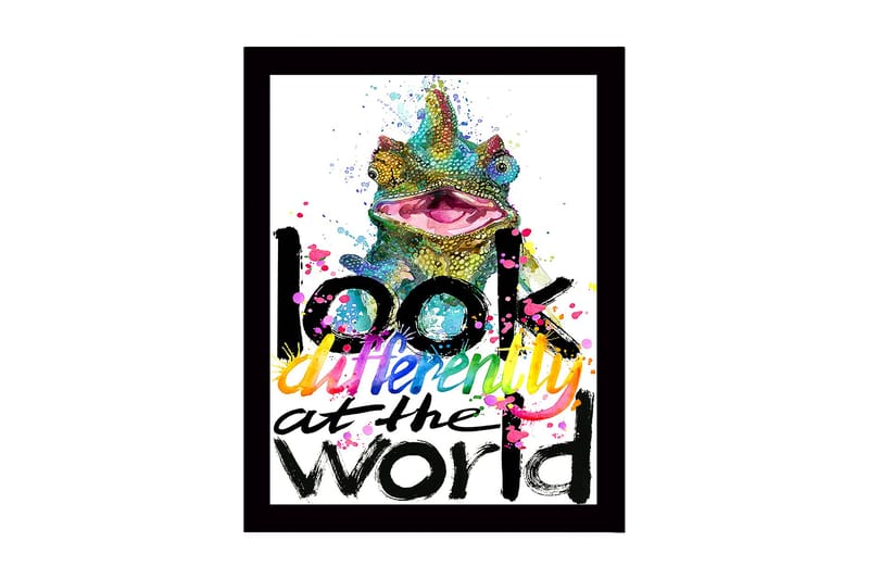 Innrammet lerretsbilde i tre - 41x56 cm - Fargerik kameleon med inspirerende tekst, Grønn / Rosa / Gul