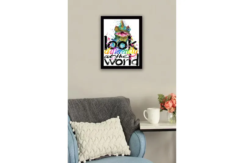 Innrammet lerretsbilde i tre - 41x56 cm - Fargerik kameleon med inspirerende tekst - Grønn / Rosa / Gul - Interiør - Maleri & posters - Lerretsbilder