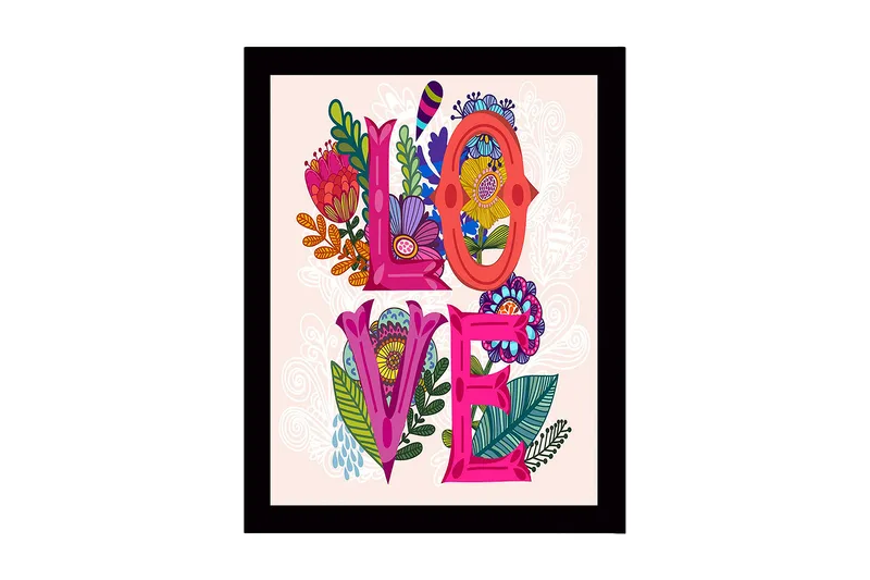 Innrammet lerretsbilde i tre - 41x56 cm - Fargerik komposisjon med ordet LOVE omgitt av blomster og bladverk, Rosa / Grønn / Oransje