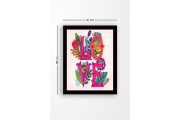 Innrammet lerretsbilde i tre - 41x56 cm - Fargerik komposisjon med ordet LOVE omgitt av blomster og bladverk - Rosa / Grønn / Oransje - Interiør - Maleri & posters - Lerretsbilder