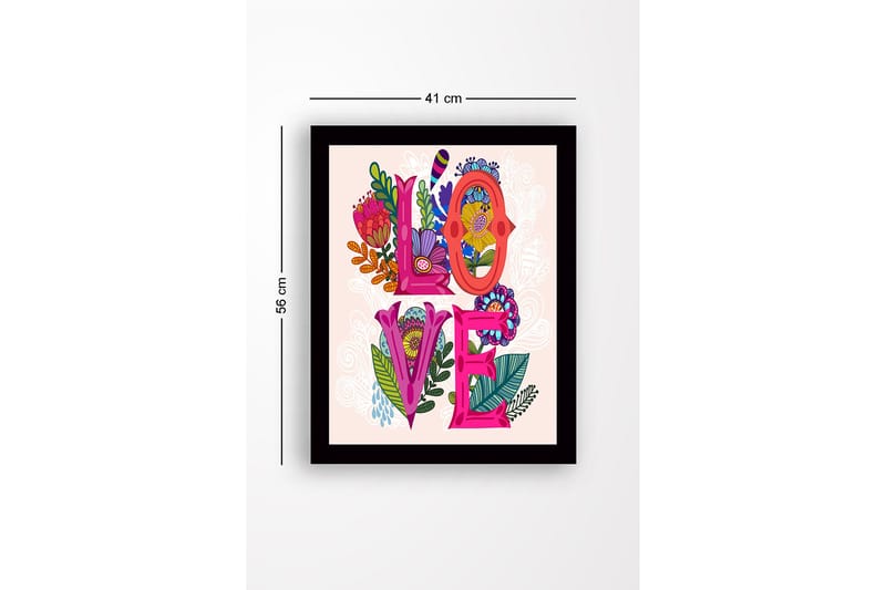 Innrammet lerretsbilde i tre - 41x56 cm - Fargerik komposisjon med ordet LOVE omgitt av blomster og bladverk - Rosa / Grønn / Oransje - Interiør - Maleri & posters - Lerretsbilder