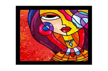 Innrammet lerretsbilde i tre - 41x56 cm - Fargerik kvinne med stilisert ansikt og smykker - Rød / Gul / Lilla - Interiør - Maleri & posters - Lerretsbilder