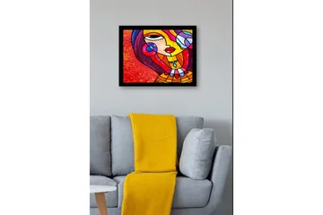 Innrammet lerretsbilde i tre - 41x56 cm - Fargerik kvinne med stilisert ansikt og smykker - Rød / Gul / Lilla - Interiør - Maleri & posters - Lerretsbilder