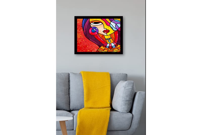 Innrammet lerretsbilde i tre - 41x56 cm - Fargerik kvinne med stilisert ansikt og smykker - Rød / Gul / Lilla - Interiør - Maleri & posters - Lerretsbilder