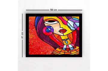 Innrammet lerretsbilde i tre - 41x56 cm - Fargerik kvinne med stilisert ansikt og smykker - Rød / Gul / Lilla - Interiør - Maleri & posters - Lerretsbilder