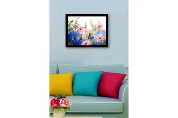 Innrammet lerretsbilde i tre - 41x56 cm - Fargerik samling av blomster med sommerfugler i flukt - Blå / Rosa / Grønn - Interiør - Maleri & posters - Lerretsbilder