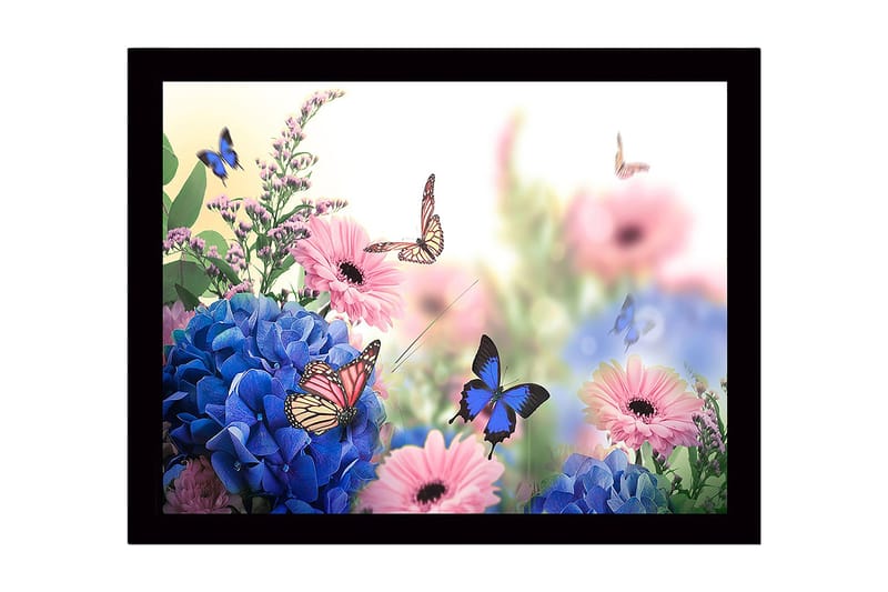 Innrammet lerretsbilde i tre - 41x56 cm - Fargerik samling av blomster med sommerfugler i flukt, Blå / Rosa / Grønn